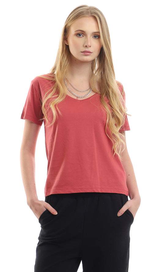 97263 Short Sleeves Wide V-Neck Dark Dusty Rose Tee