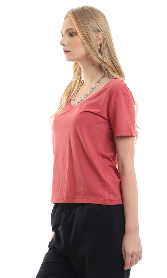 97263 Short Sleeves Wide V-Neck Dark Dusty Rose Tee