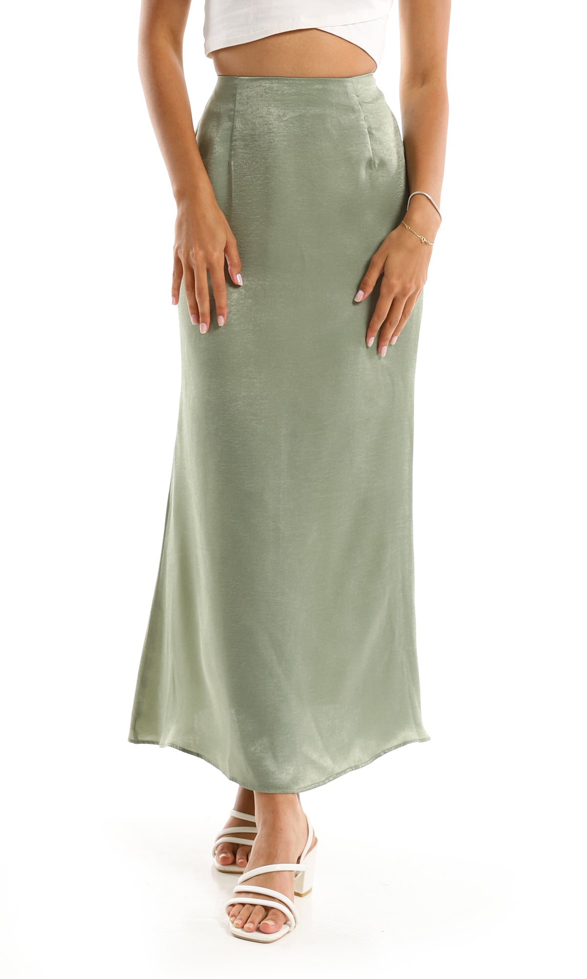 97292 Shiny Maxi Skirt With Side Zipper - Olive