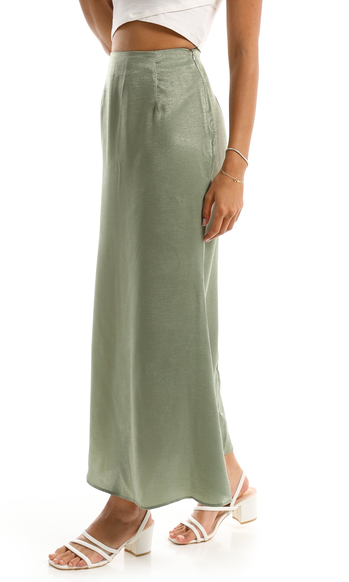 97292 Shiny Maxi Skirt With Side Zipper - Olive