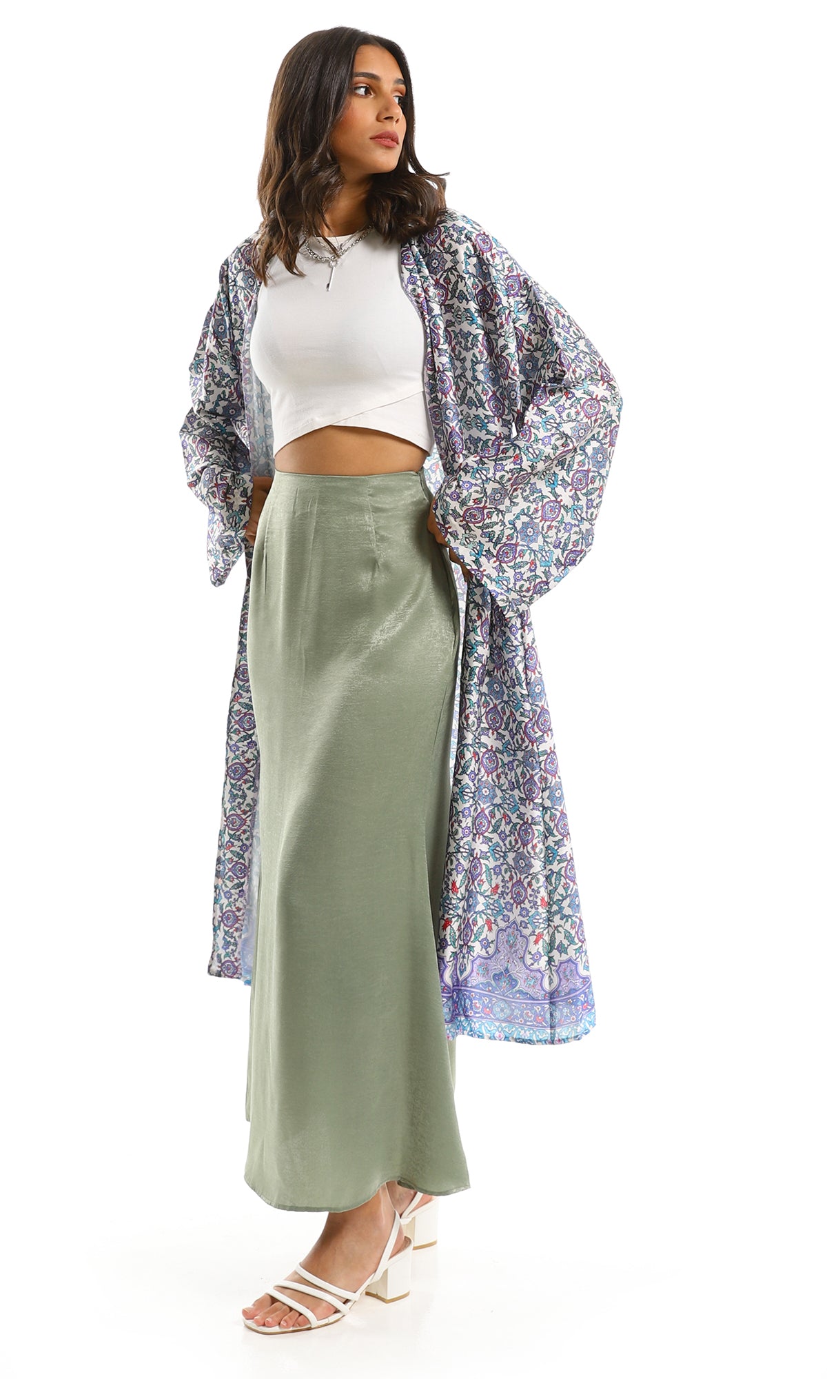 97292 Shiny Maxi Skirt With Side Zipper - Olive