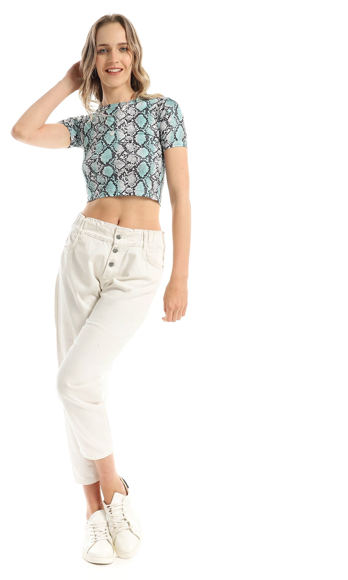 97310 Short Sleeves Reptile Pattern Pistachio & Black Cropped Top