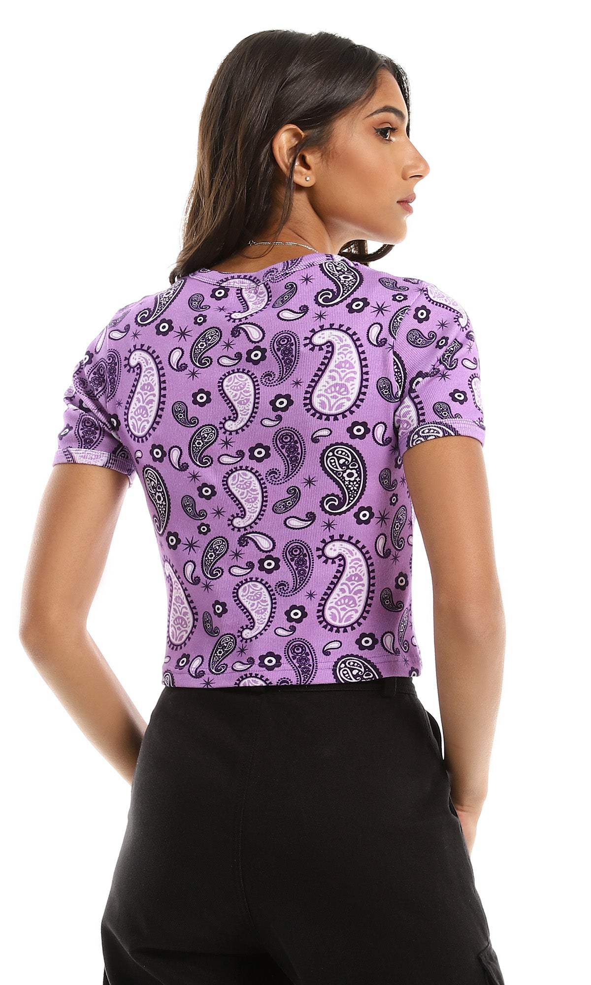 97312 Ribbed With Paisley Medium Purple Cropped Top