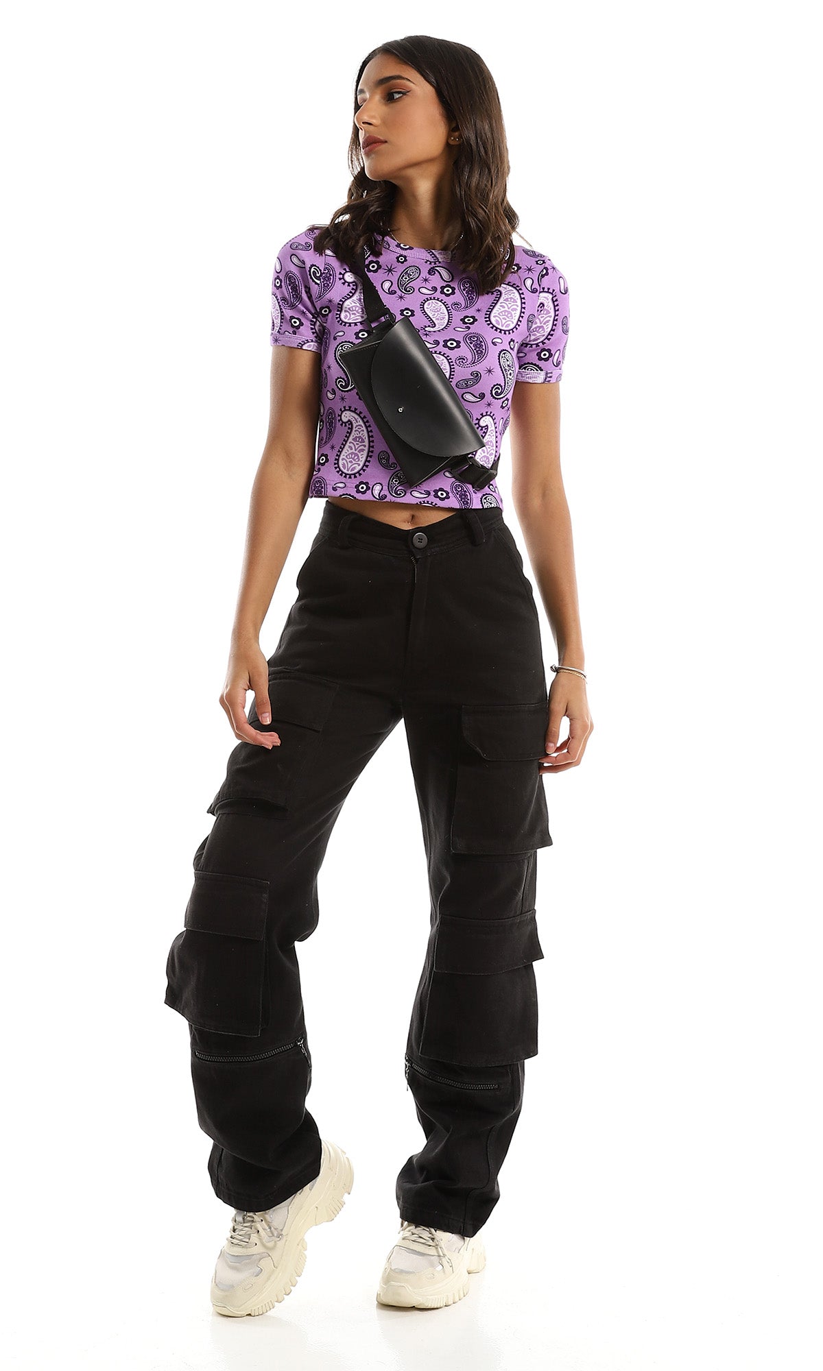 97312 Ribbed With Paisley Medium Purple Cropped Top