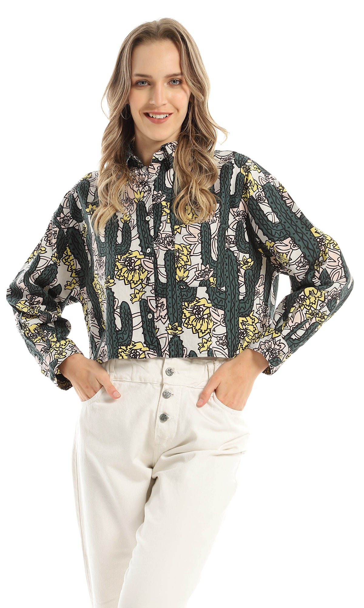 97322 Patterned Buttoned Multicolour Heavy Cropped Shirt