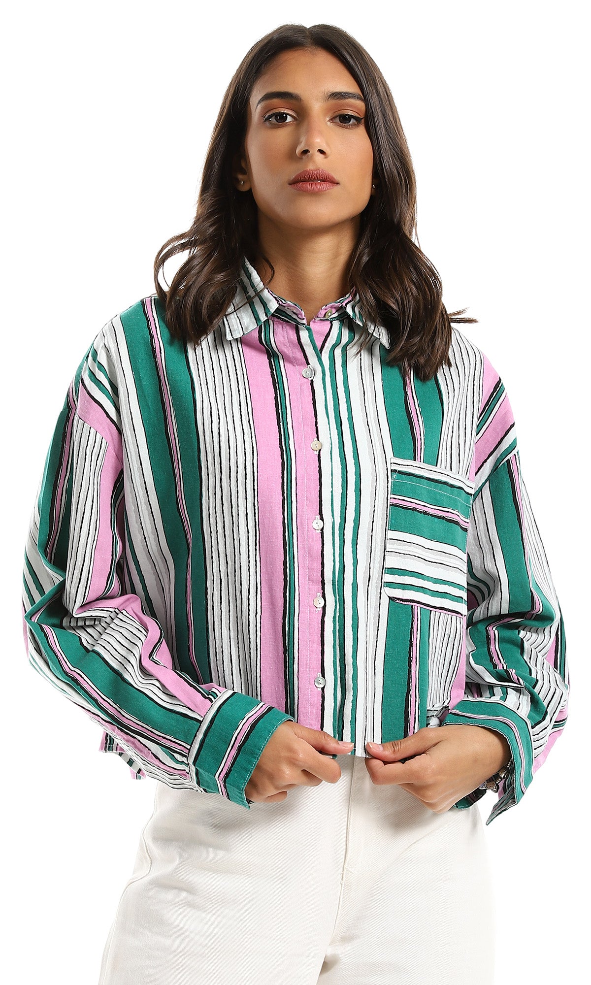 97323 Over-Size Fit Striped Green & Pink Buttoned Shirt