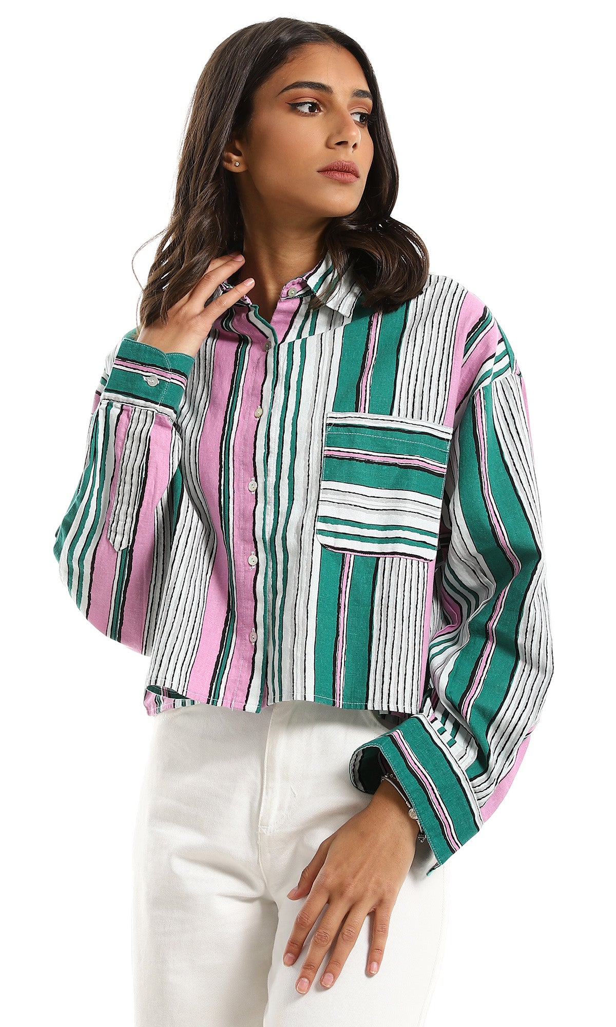 97323 Over-Size Fit Striped Green & Pink Buttoned Shirt