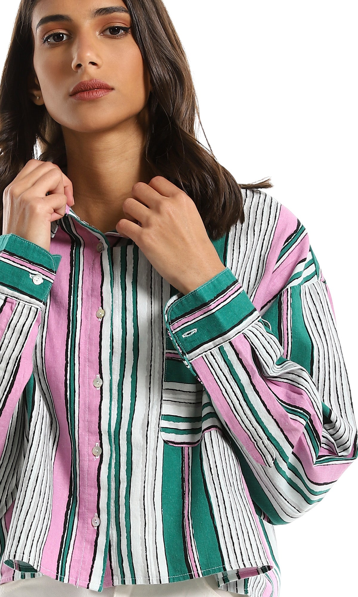 97323 Over-Size Fit Striped Green & Pink Buttoned Shirt