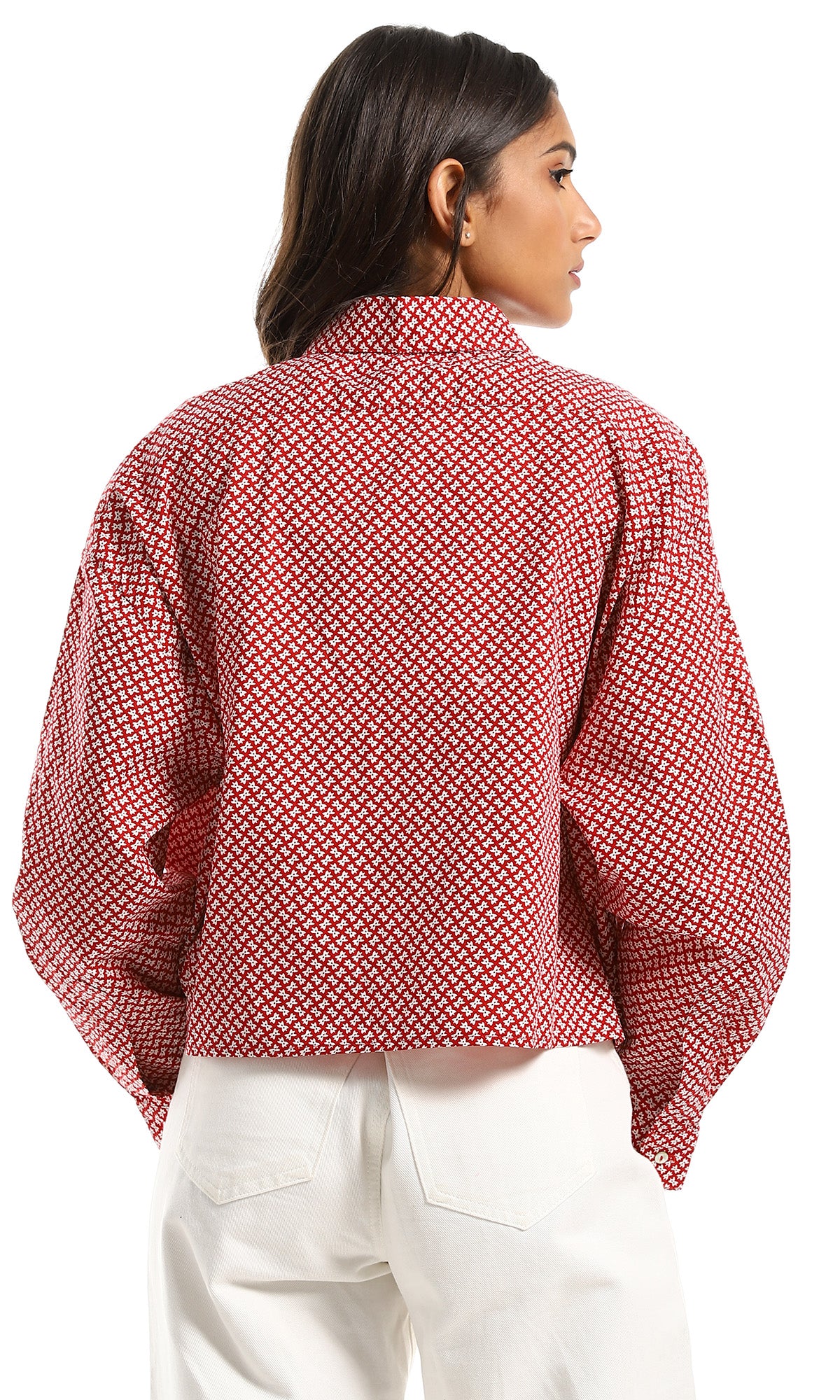 97328 Self Patterned Long Sleeves Buttoned Cropped Red Shirt