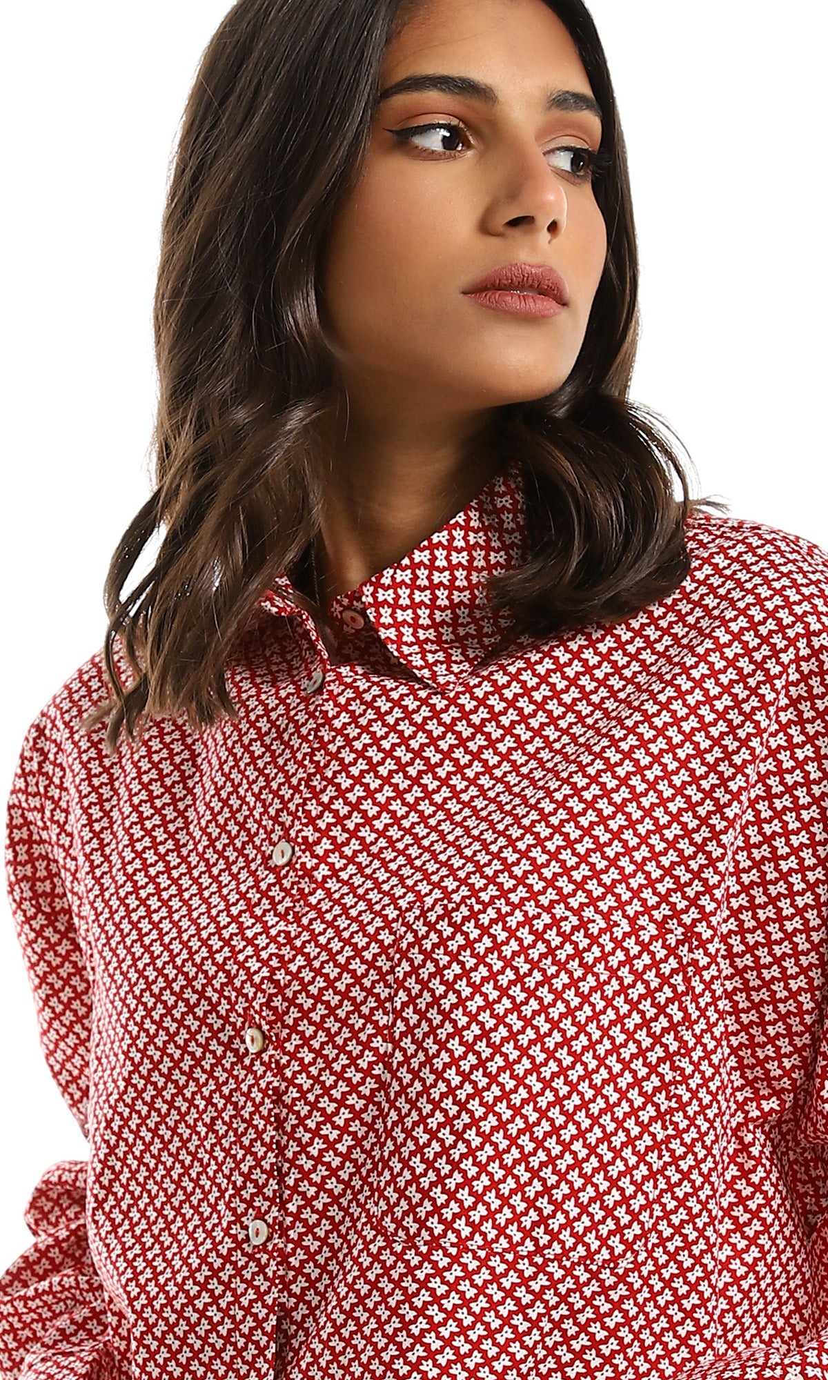 97328 Self Patterned Long Sleeves Buttoned Cropped Red Shirt