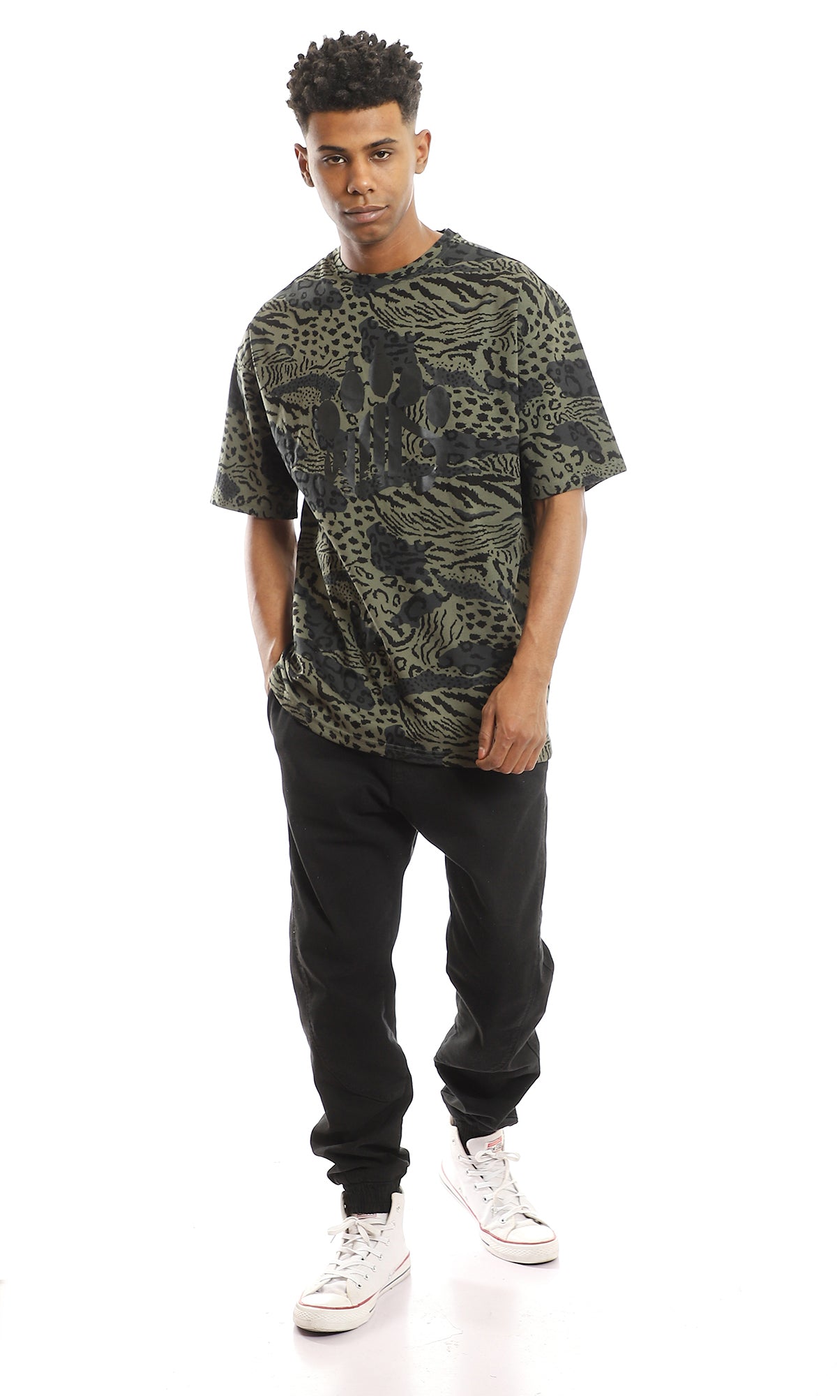 Urban Safari Olive & Black Oversized Print T-Shirt - 97351