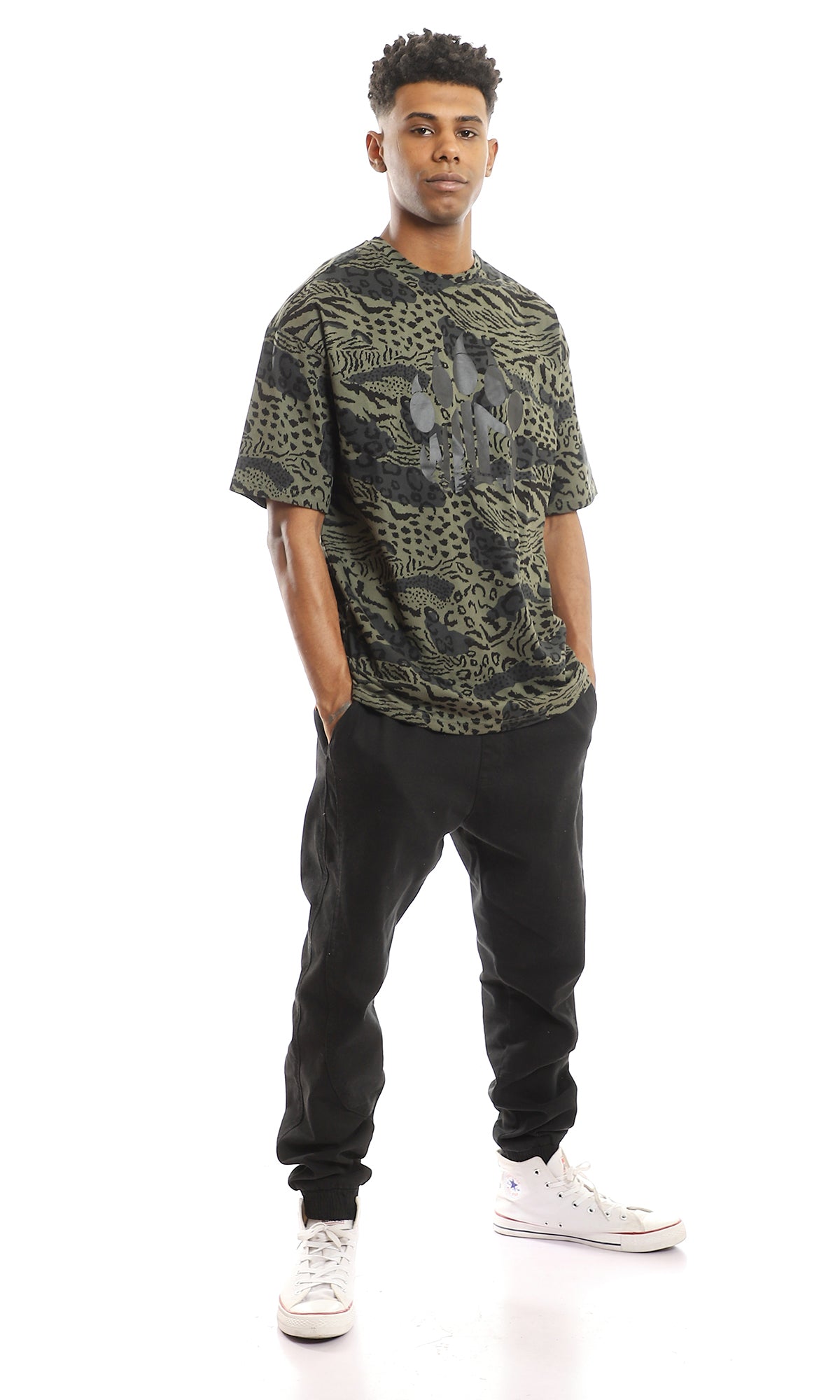 Urban Safari Olive & Black Oversized Print T-Shirt - 97351