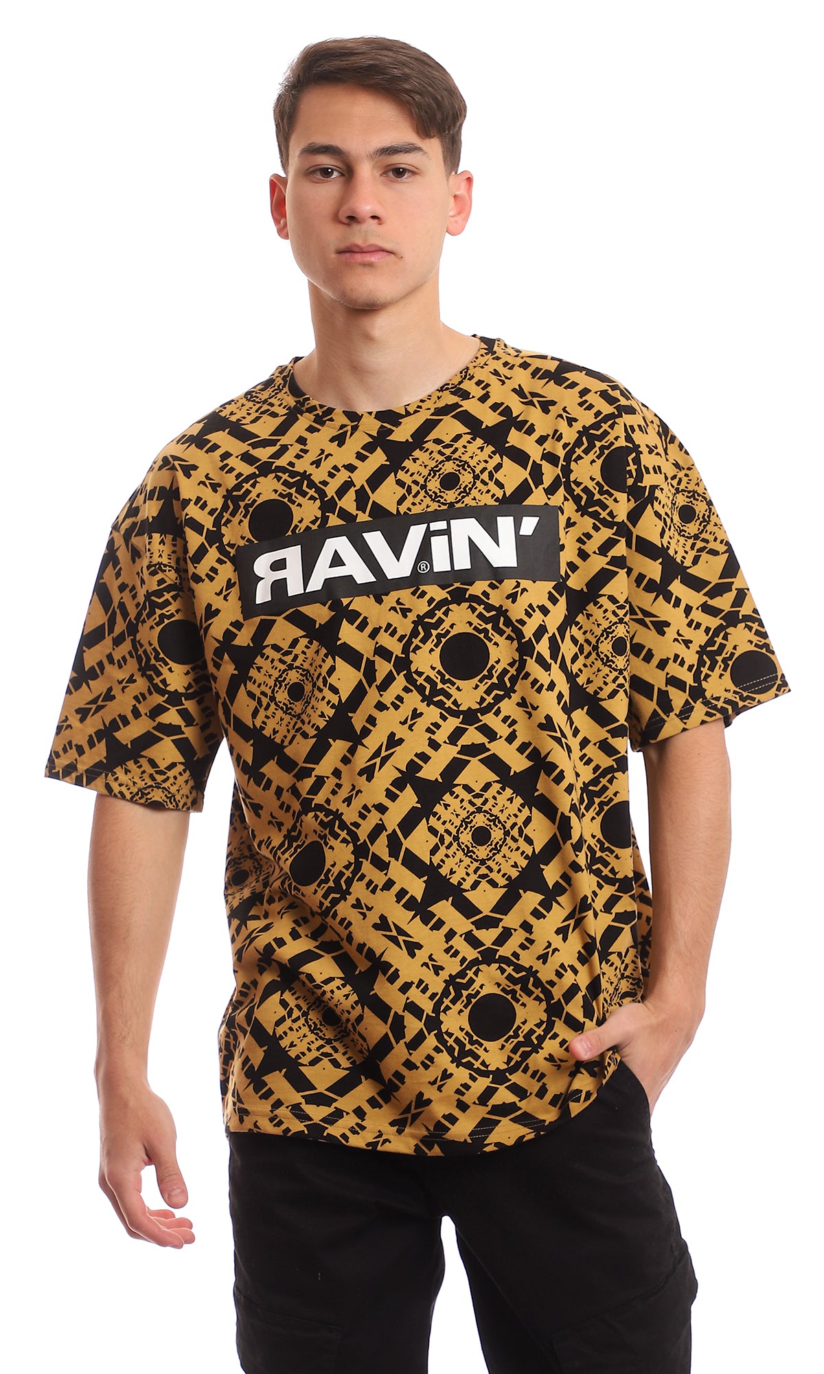Peru & Black Geometric Printed Oversized Crew-Neck Tee - 97352