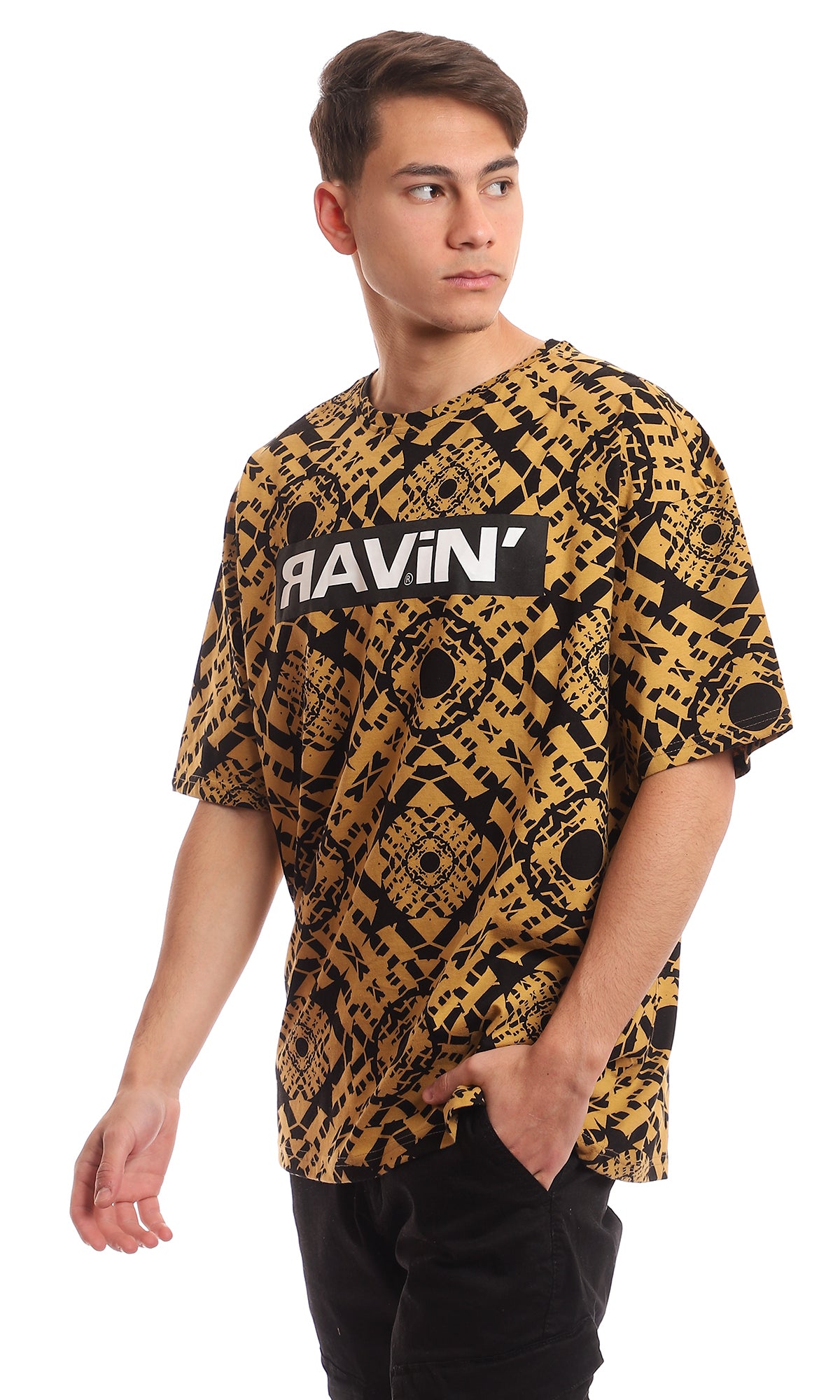 Peru & Black Geometric Printed Oversized Crew-Neck Tee - 97352