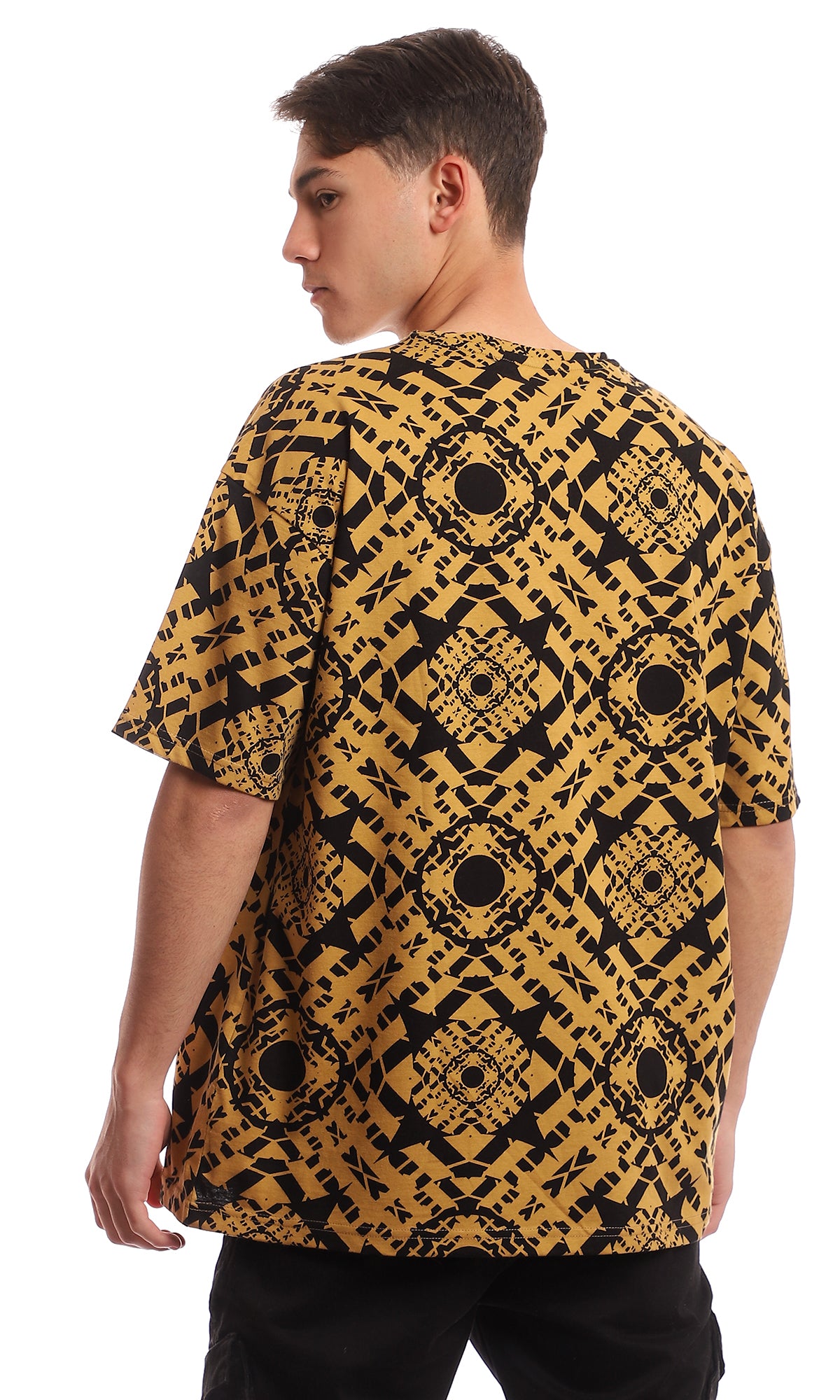 Peru & Black Geometric Printed Oversized Crew-Neck Tee - 97352