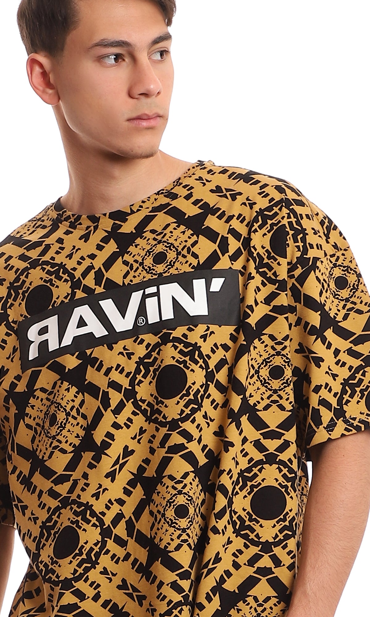 Peru & Black Geometric Printed Oversized Crew-Neck Tee - 97352