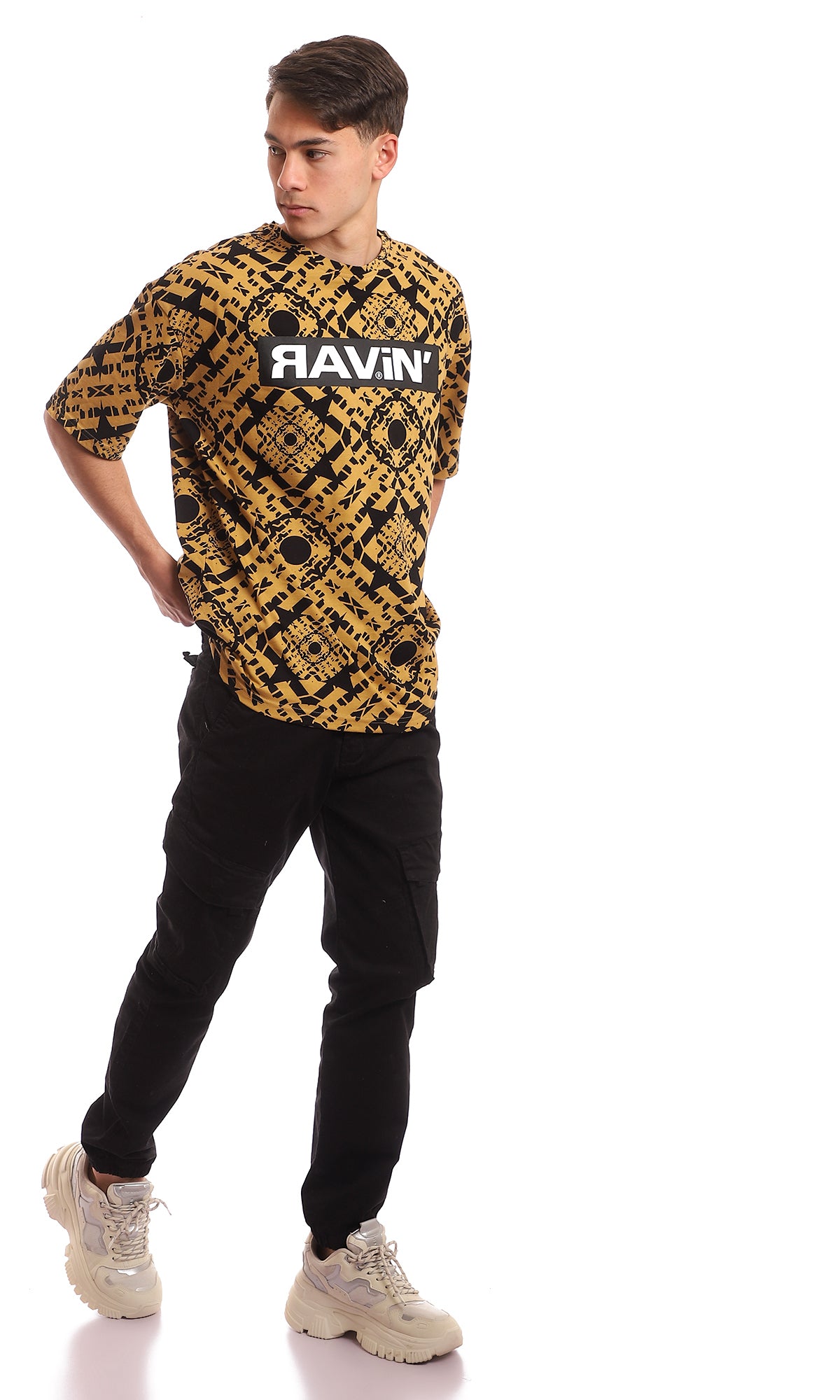 Peru & Black Geometric Printed Oversized Crew-Neck Tee - 97352