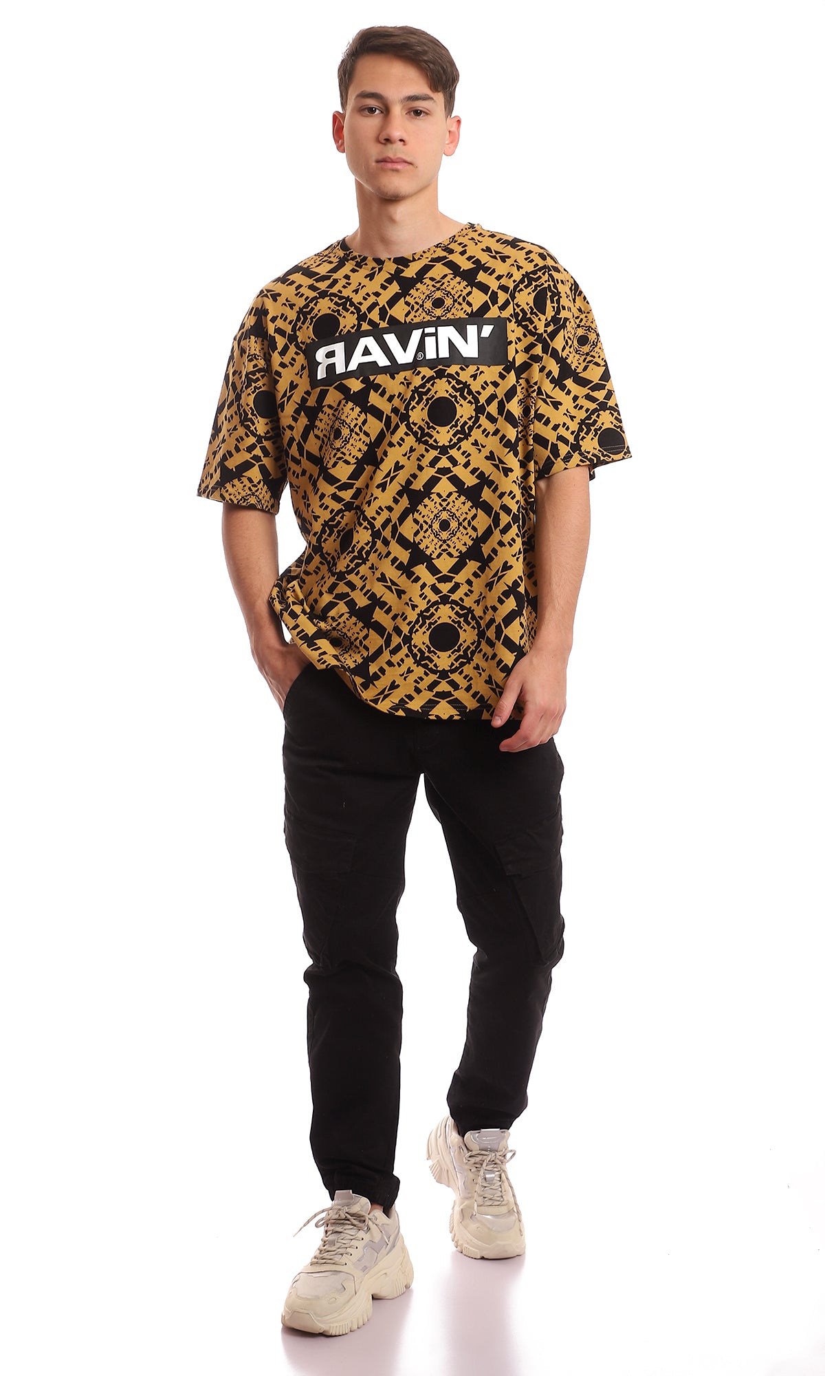Peru & Black Geometric Printed Oversized Crew-Neck Tee - 97352