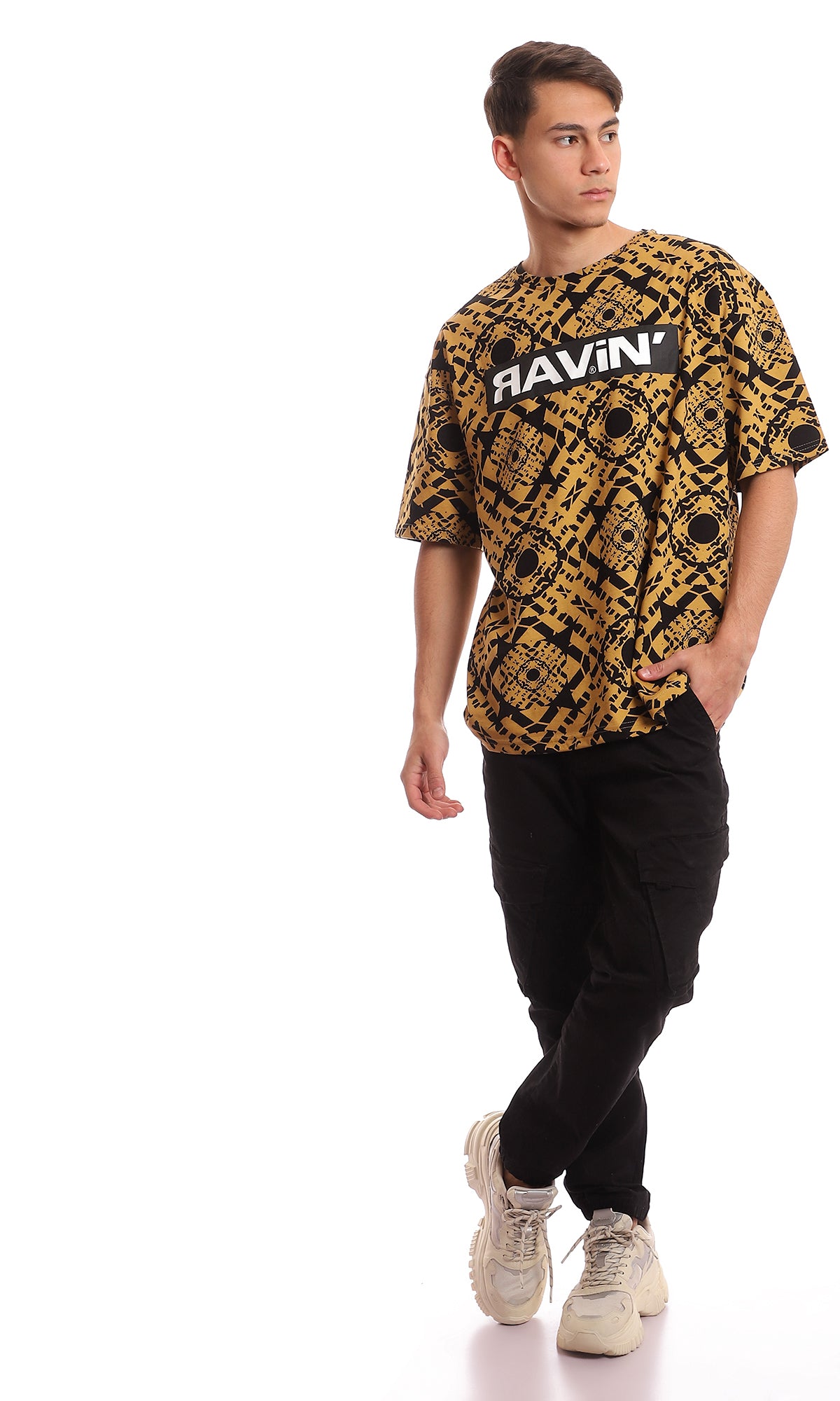 Peru & Black Geometric Printed Oversized Crew-Neck Tee - 97352