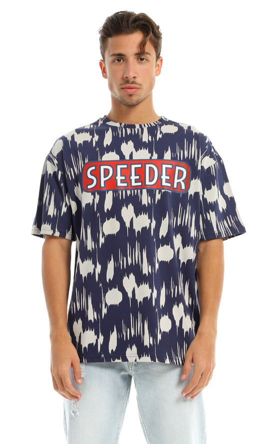 97356 "Speeder" Printed & Patterned Navy Blue T-Shirt