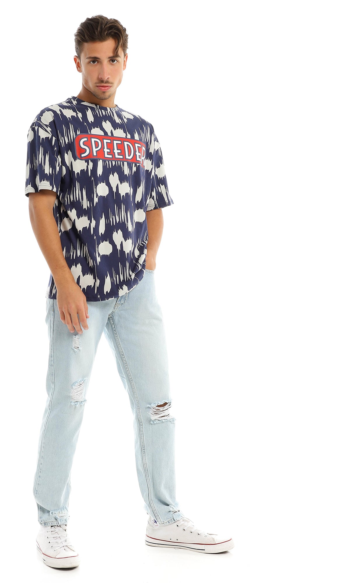 97356 "Speeder" Printed & Patterned Navy Blue T-Shirt