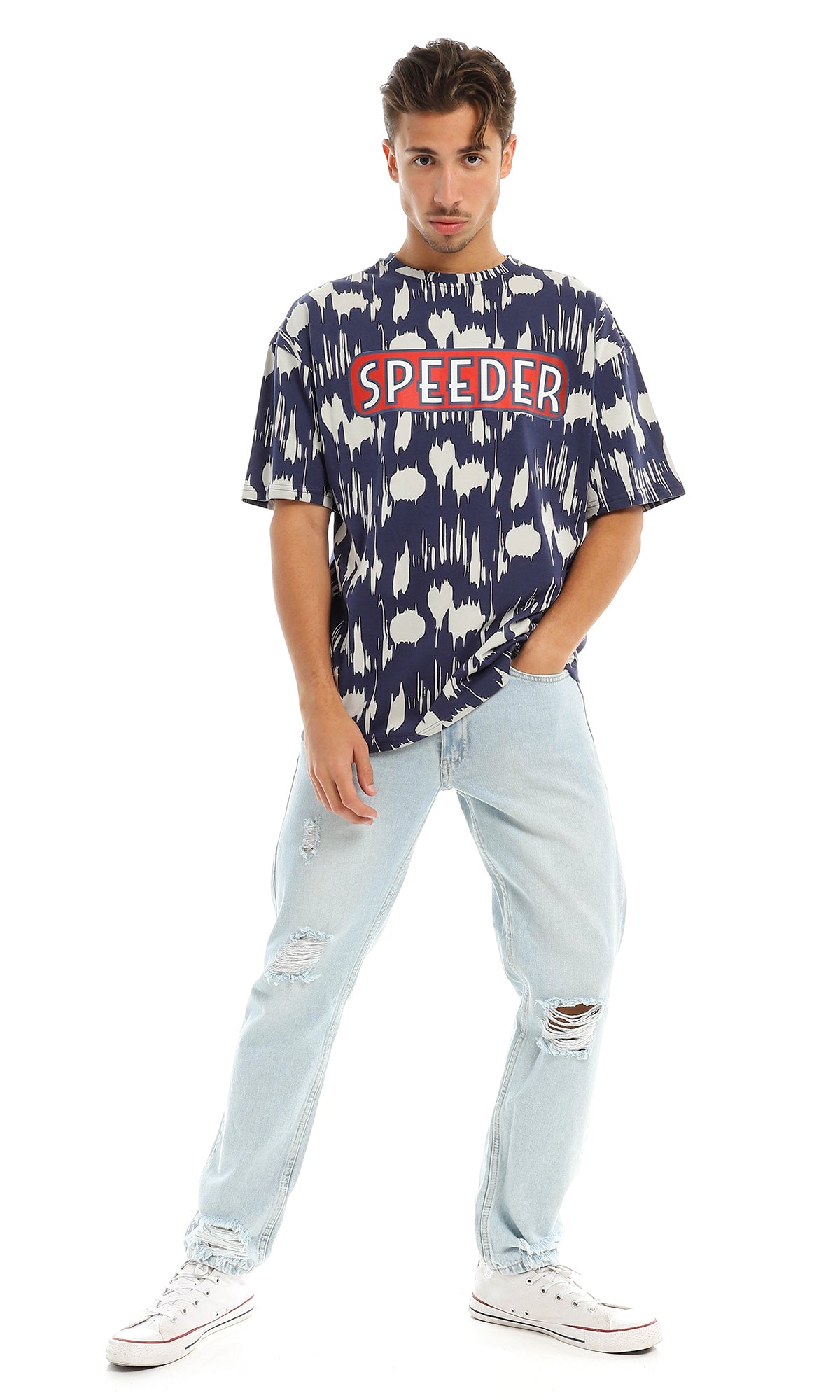 97356 "Speeder" Printed & Patterned Navy Blue T-Shirt