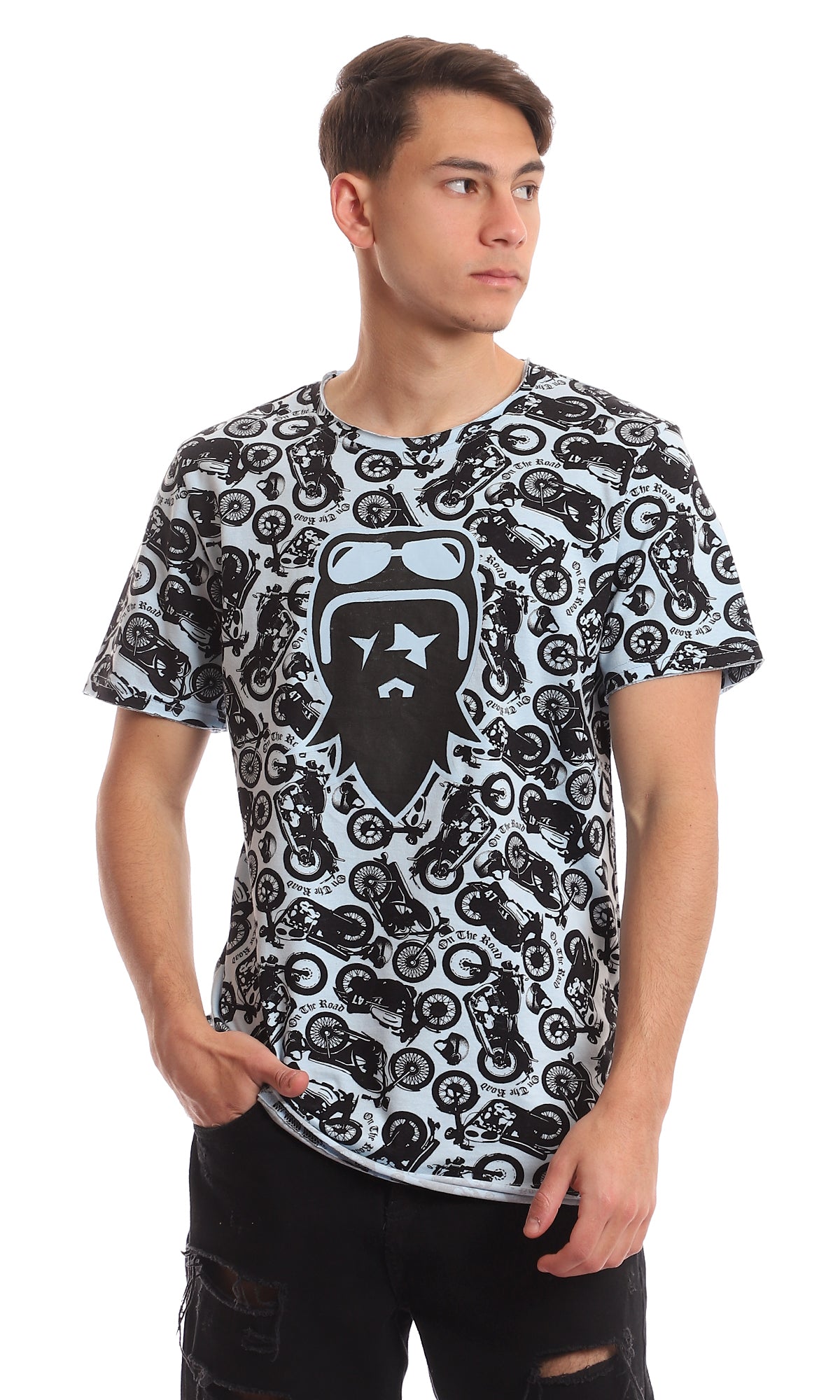 All-Over Motorcycle Print Graphic Crew Neck T-Shirt - 97365