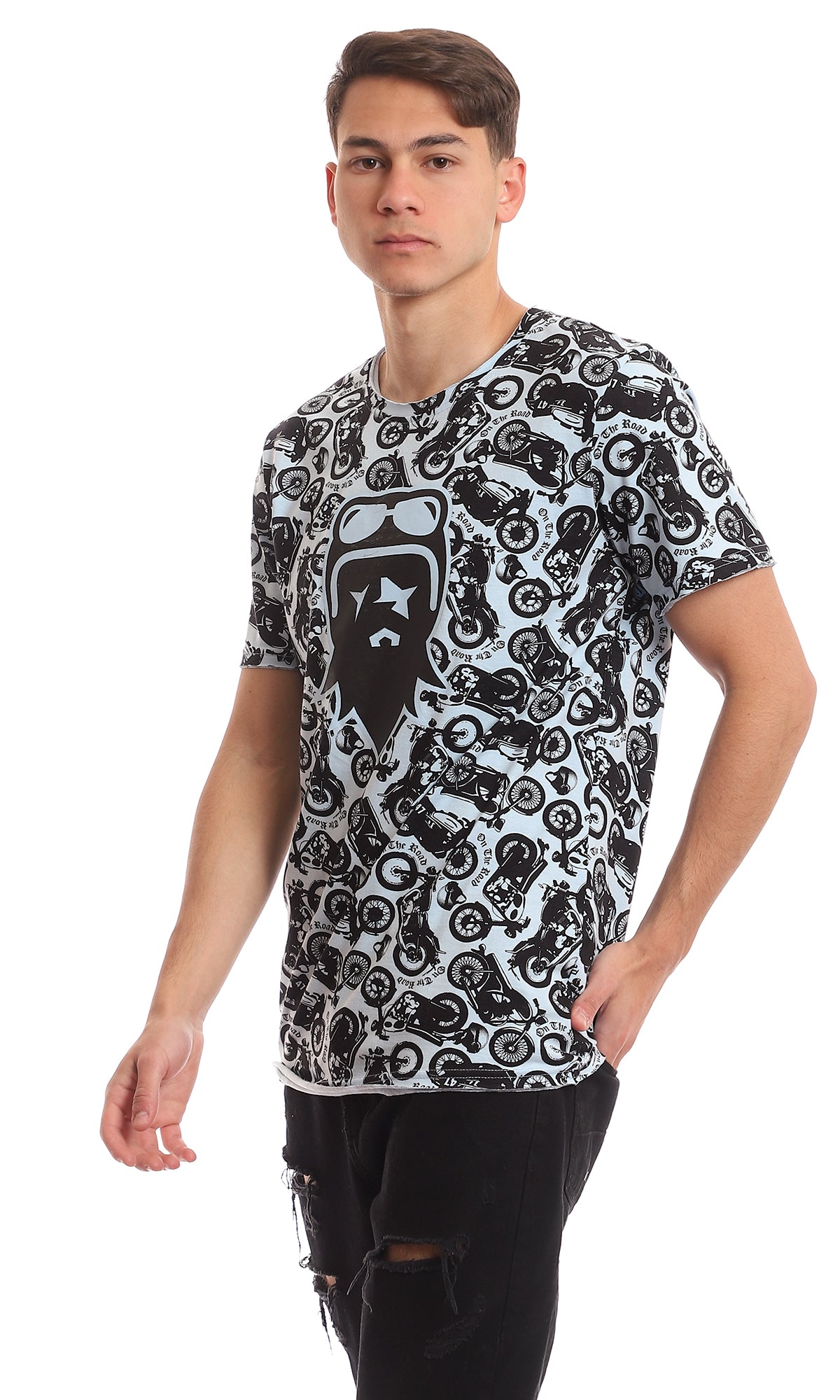 All-Over Motorcycle Print Graphic Crew Neck T-Shirt - 97365