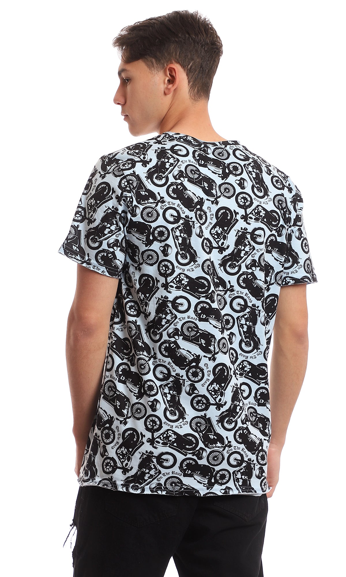 All-Over Motorcycle Print Graphic Crew Neck T-Shirt - 97365