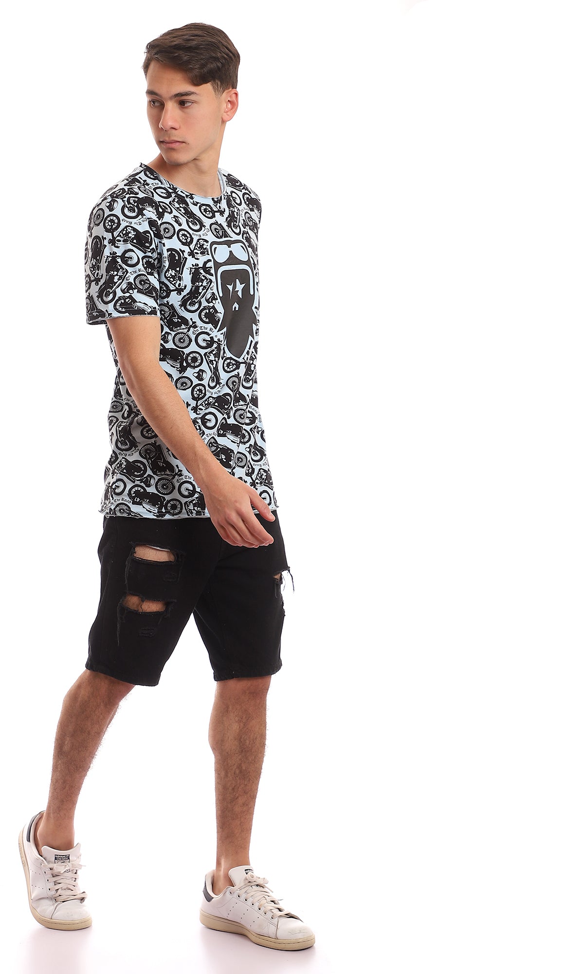 All-Over Motorcycle Print Graphic Crew Neck T-Shirt - 97365