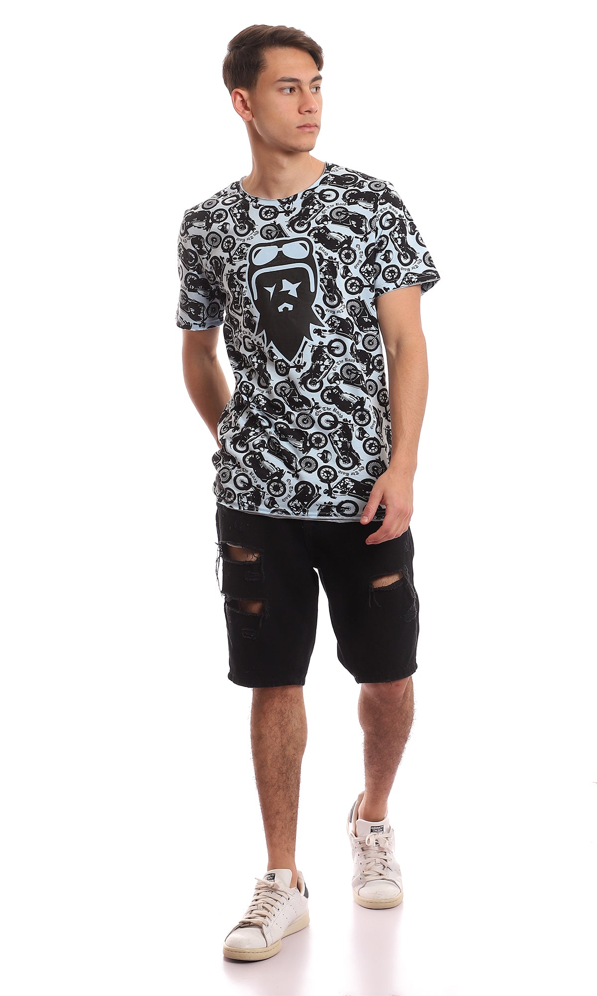 All-Over Motorcycle Print Graphic Crew Neck T-Shirt - 97365