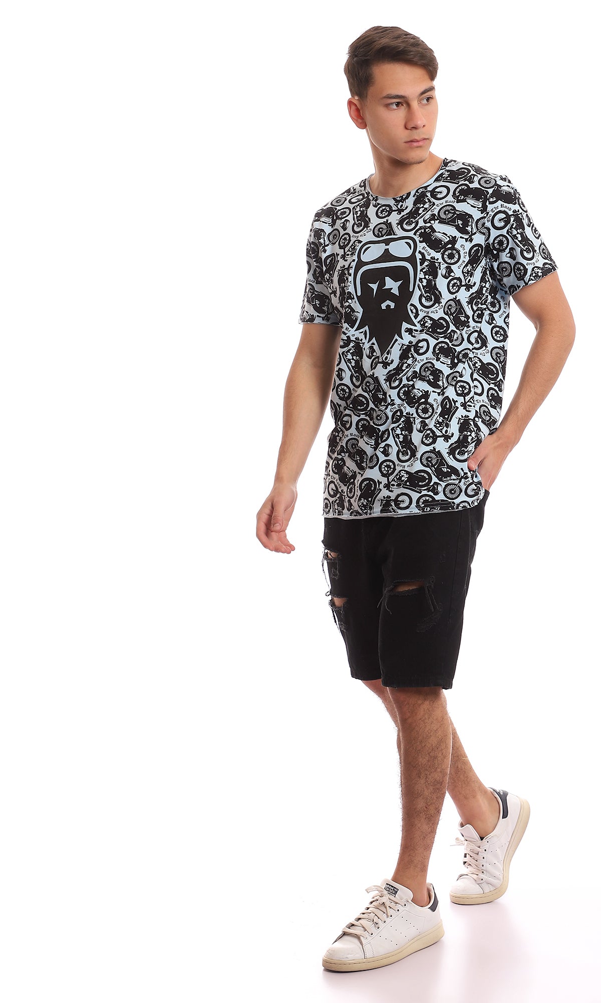 All-Over Motorcycle Print Graphic Crew Neck T-Shirt - 97365