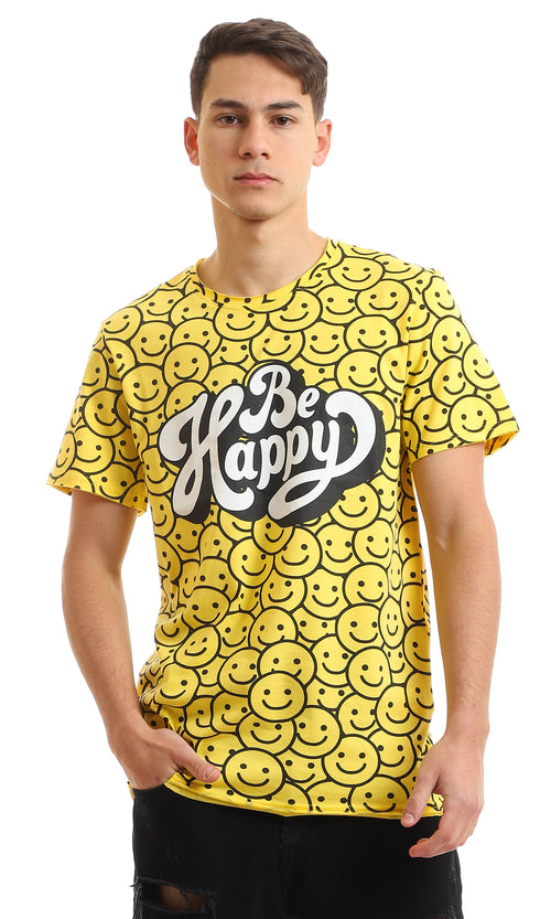 97366 Full Self Pattern Smiles With Printed "Be Happy" T-Shirt - Yellow