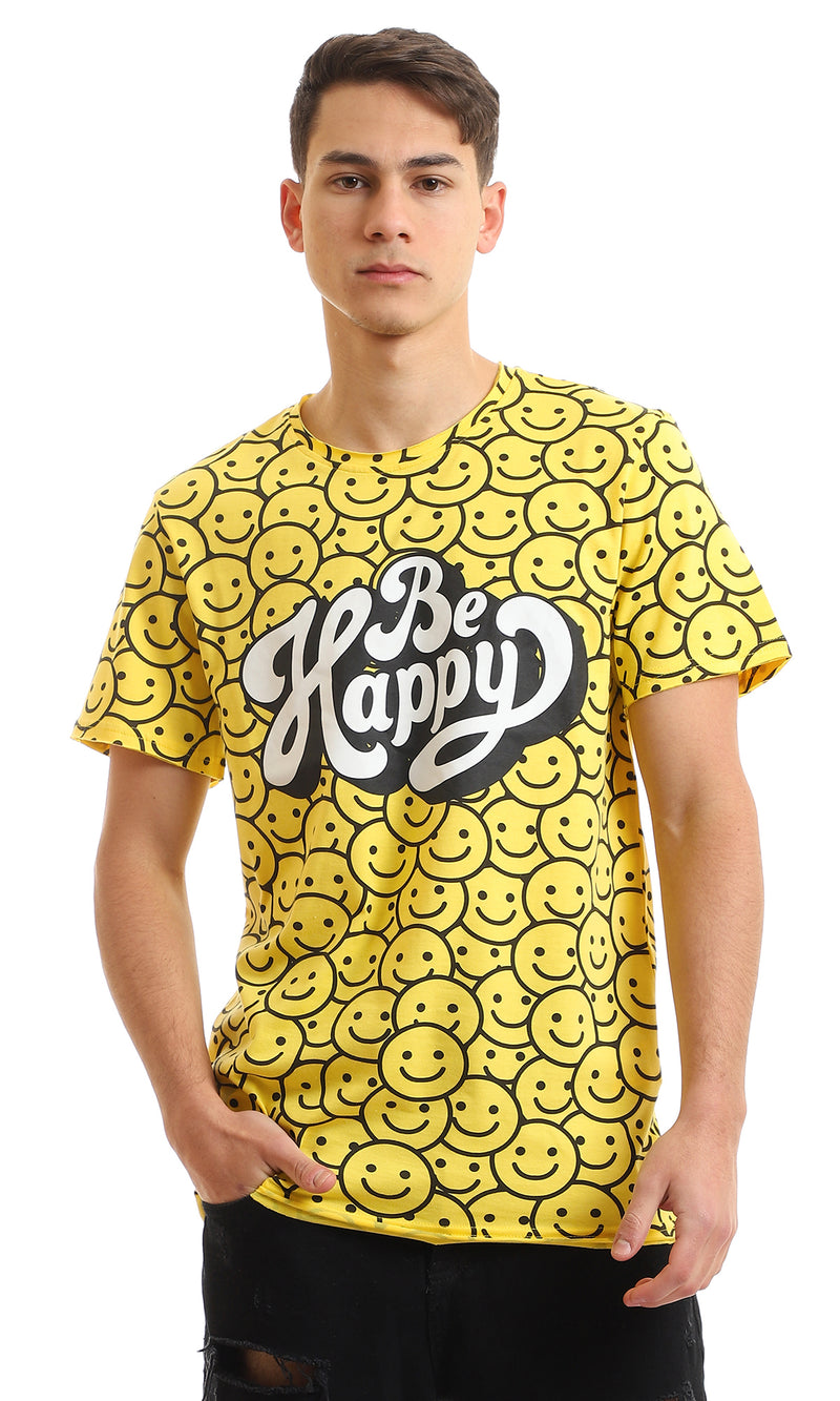 97366 Full Self Pattern Smiles With Printed "Be Happy" T-Shirt - Yellow