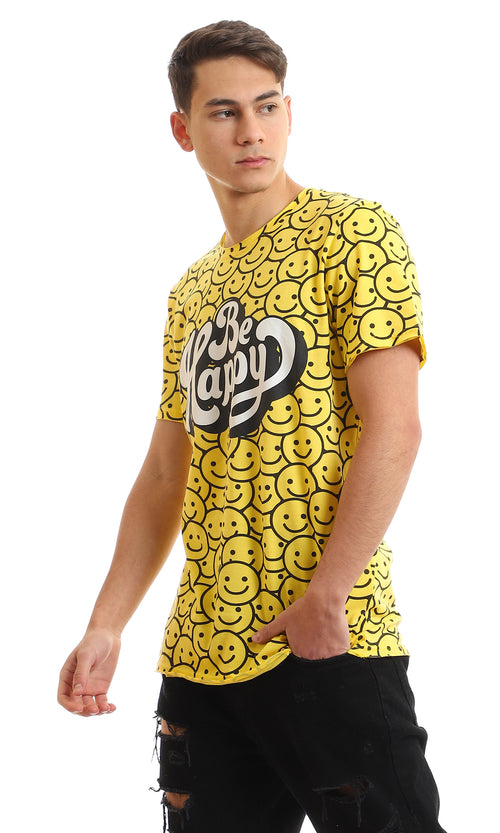 97366 Full Self Pattern Smiles With Printed "Be Happy" T-Shirt - Yellow