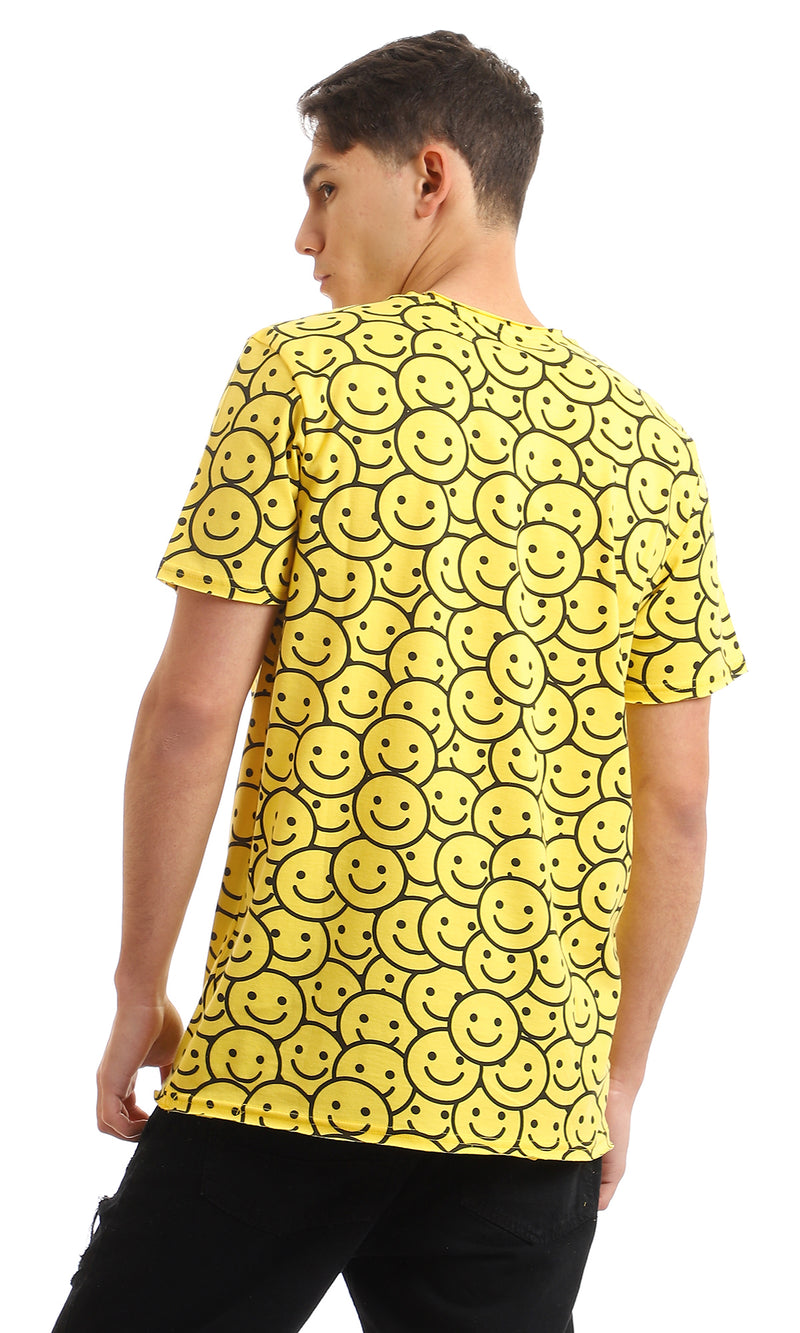 97366 Full Self Pattern Smiles With Printed "Be Happy" T-Shirt - Yellow