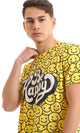 97366 Full Self Pattern Smiles With Printed "Be Happy" T-Shirt - Yellow
