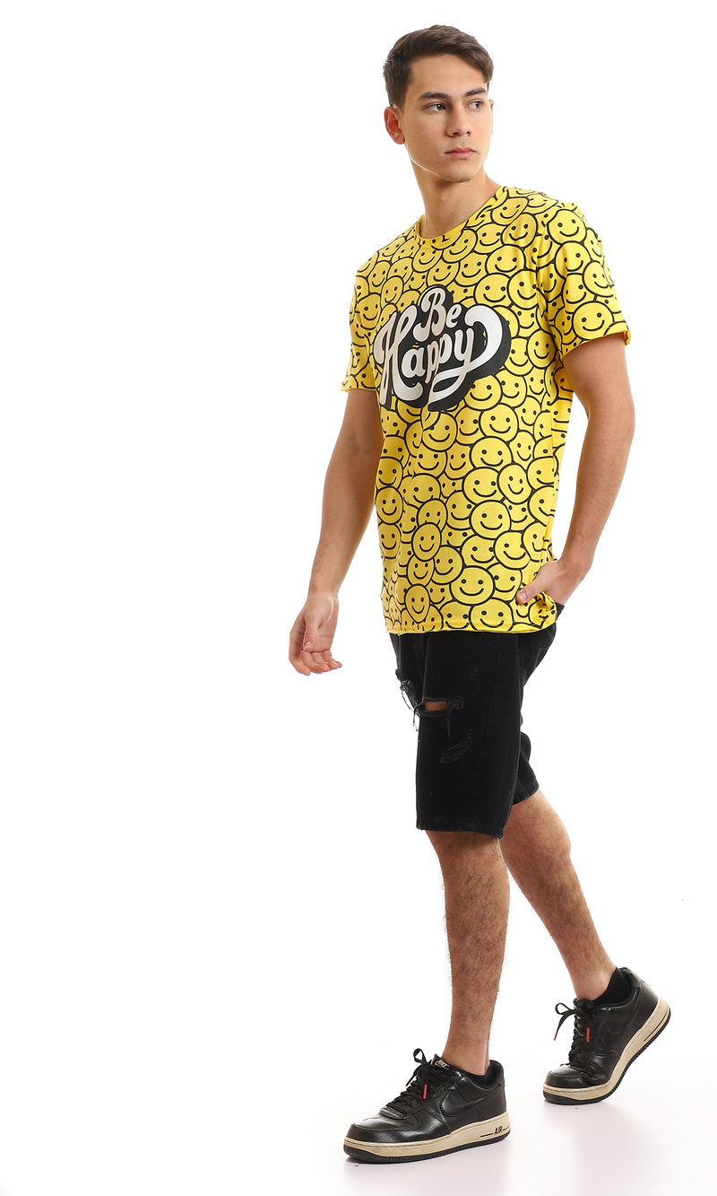 97366 Full Self Pattern Smiles With Printed "Be Happy" T-Shirt - Yellow