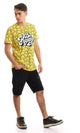 97366 Full Self Pattern Smiles With Printed "Be Happy" T-Shirt - Yellow