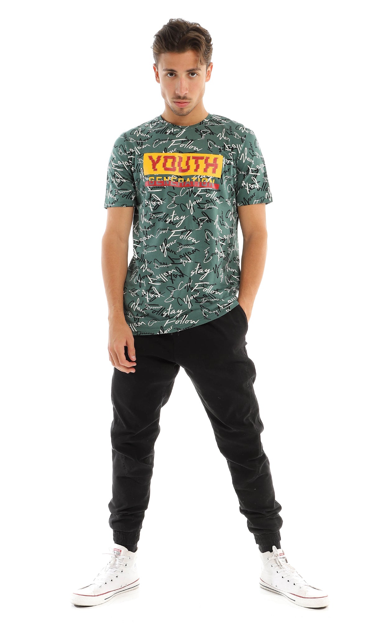 97370 "Youth Generation" Printing & Self Patterned Green T-Shirt