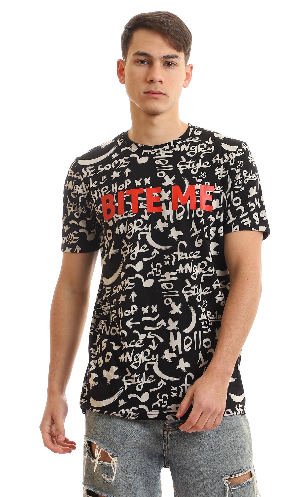 Ravin All-Over Graffiti Print Crew Neck Tee with Red Graphic - 97374