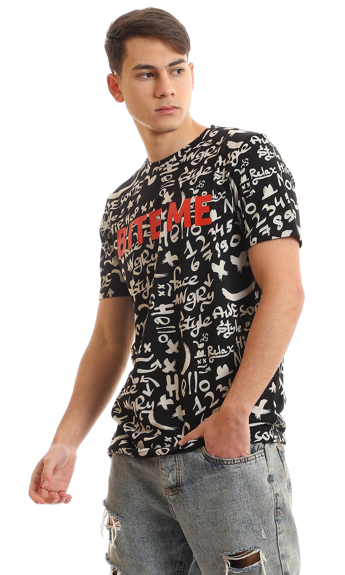 Ravin All-Over Graffiti Print Crew Neck Tee with Red Graphic - 97374