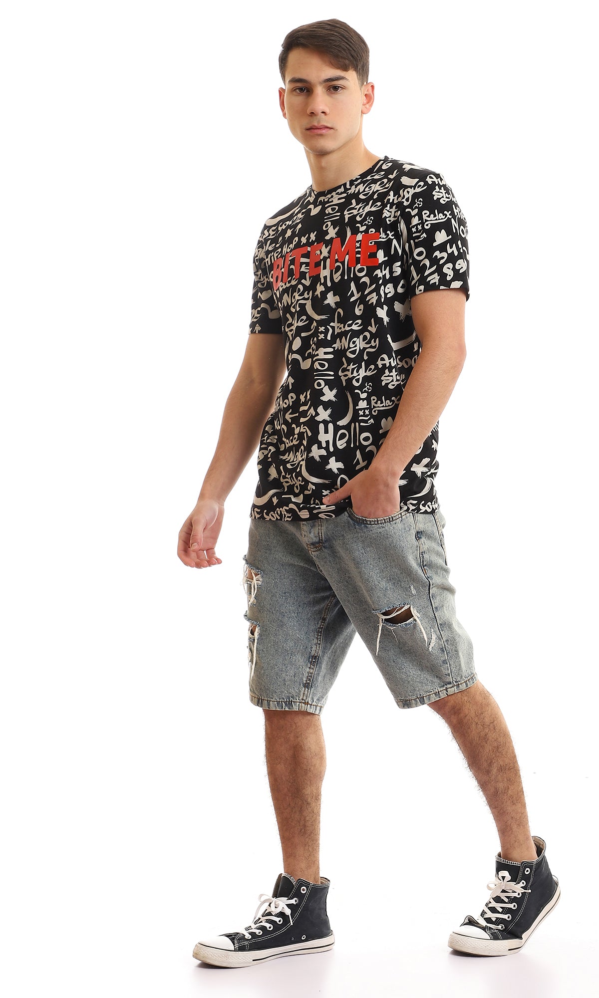 Ravin All-Over Graffiti Print Crew Neck Tee with Red Graphic - 97374
