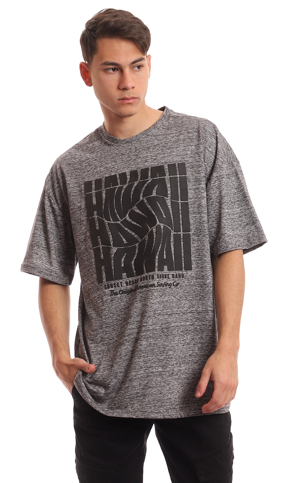 97379 Front Printing Oversized Comfy Heather Grey T-Shirt