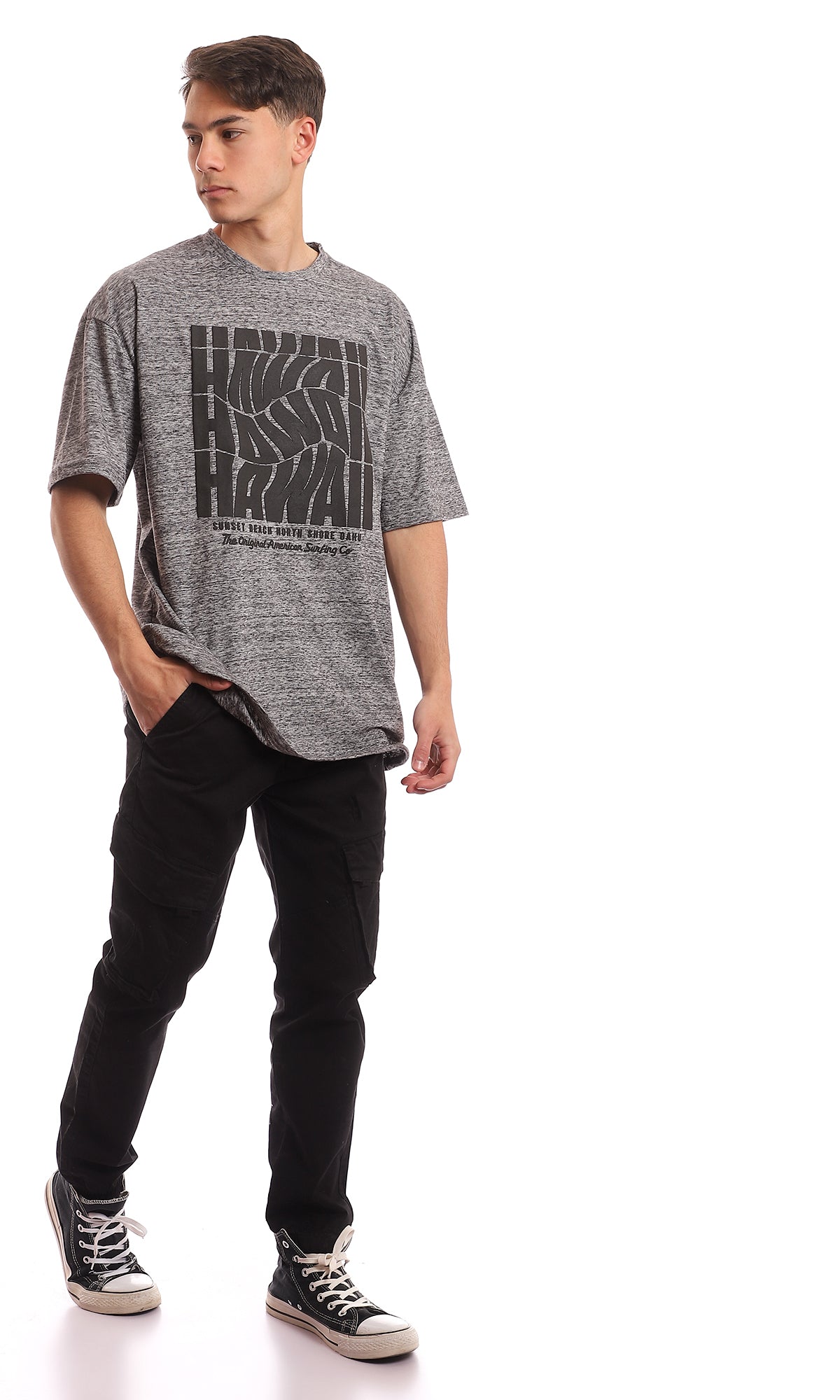 97379 Front Printing Oversized Comfy Heather Grey T-Shirt