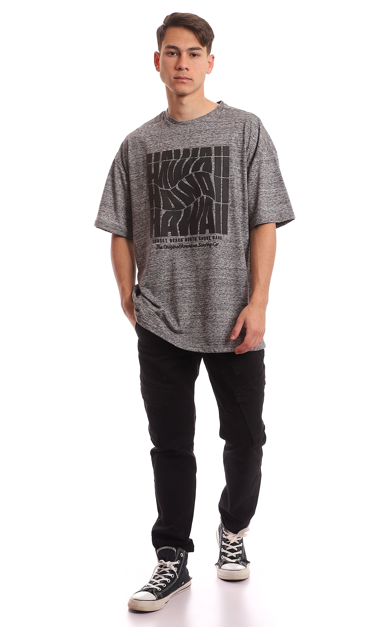 97379 Front Printing Oversized Comfy Heather Grey T-Shirt