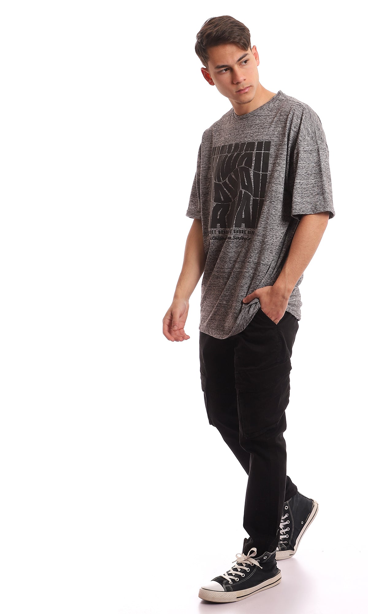 97379 Front Printing Oversized Comfy Heather Grey T-Shirt