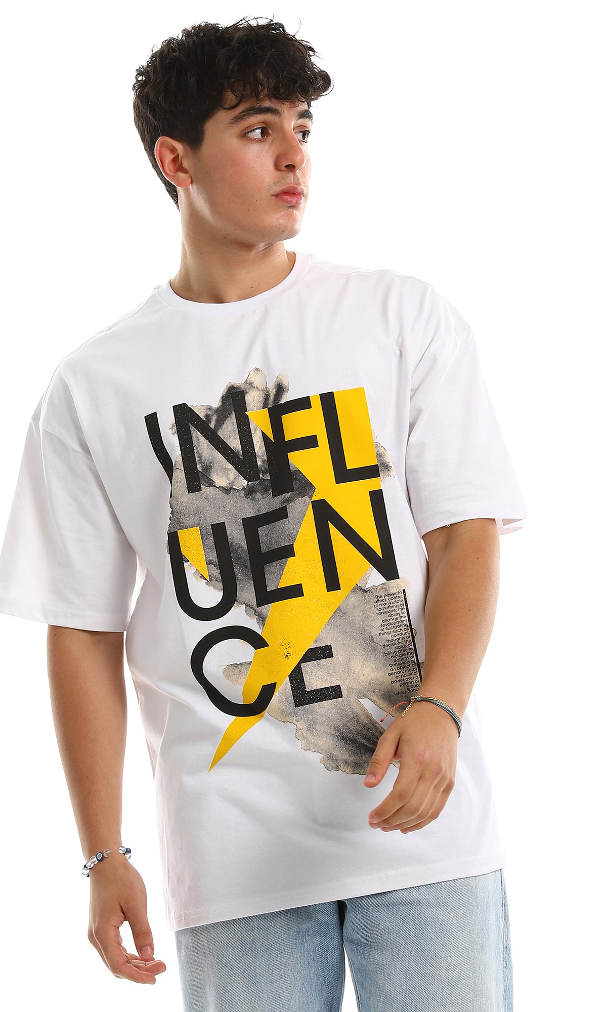 تيشرت جيرسيه أبيض أوفر سايز بطبعة Influence - 97381