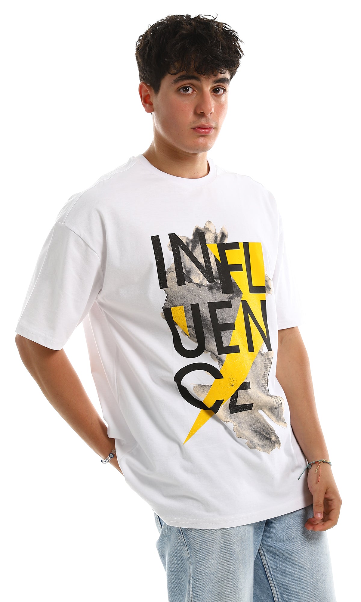 تيشرت جيرسيه أبيض أوفر سايز بطبعة Influence - 97381