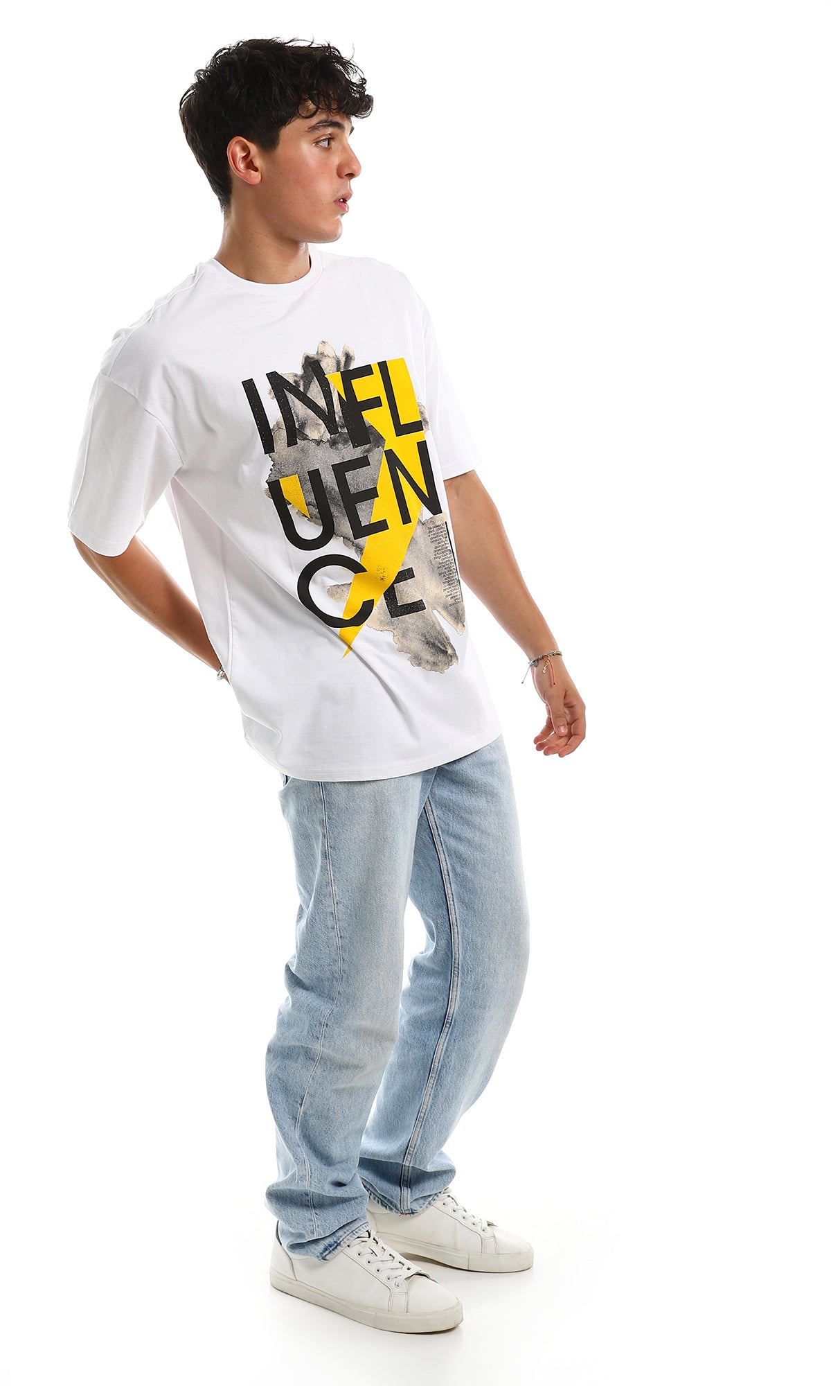 تيشرت جيرسيه أبيض أوفر سايز بطبعة Influence - 97381